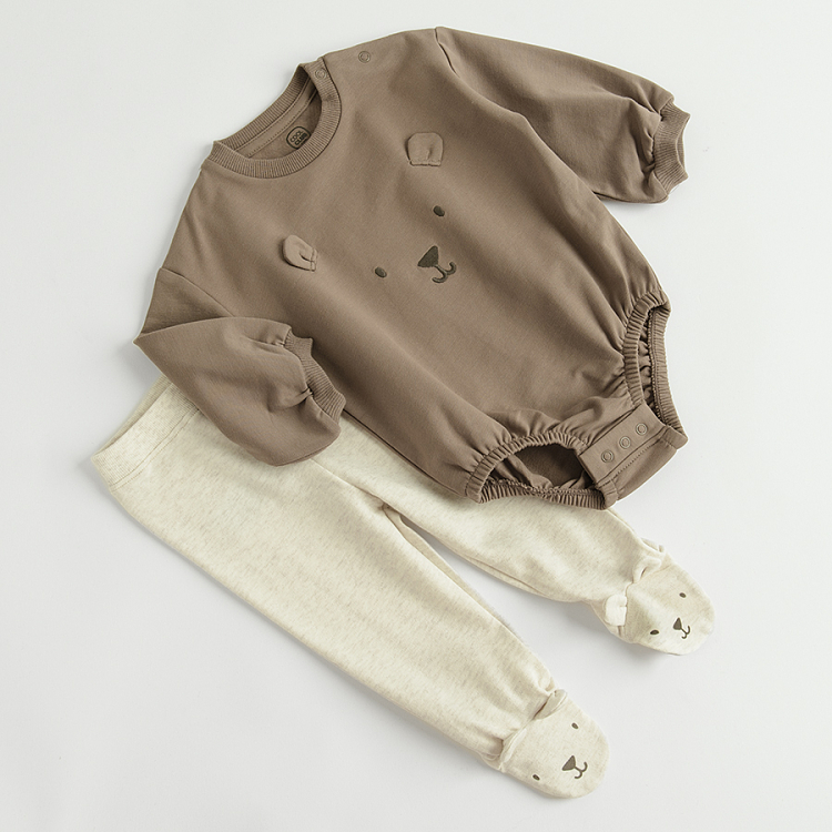 Brown long sleeve bear bodysuit and white footed leggings- 2 pack