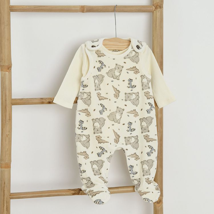 Ecru long sleeve bodysuit and ecru overall with forest animals print