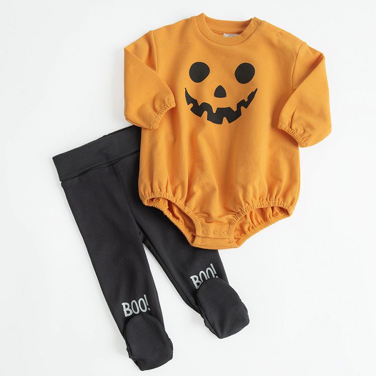 Orange Halloween long sleeve bodysuit and black footed leggings with BOO print