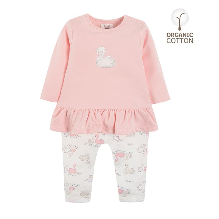 Pink and white overall with swans print