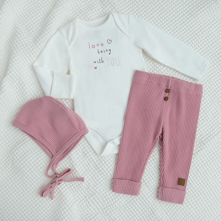 White long sleeve blouse with 'I love being with you' print, brick leggins and cap set