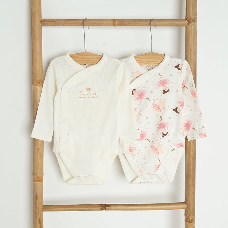 Ecru long sleeve wrap bodysuits with BIENVENUE MON AMOUR and pink ballerinas print 2 pack