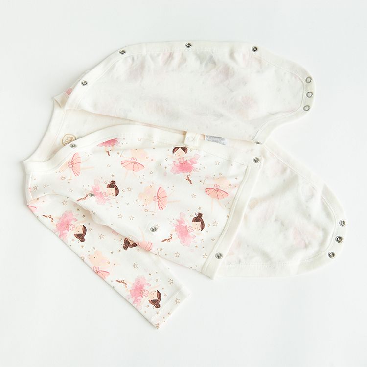 Ecru long sleeve wrap bodysuits with BIENVENUE MON AMOUR and pink ballerinas print 2 pack