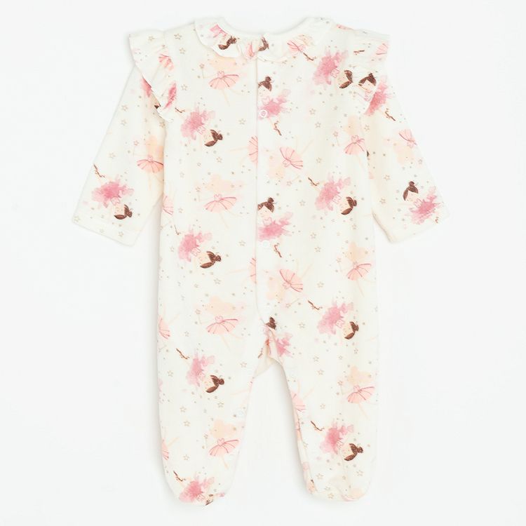 Ecru long sleeve footed overall with ballerinas print