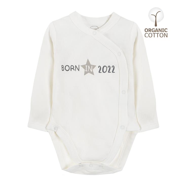 White long sleeve wrap bodysuit with born in 2022 print