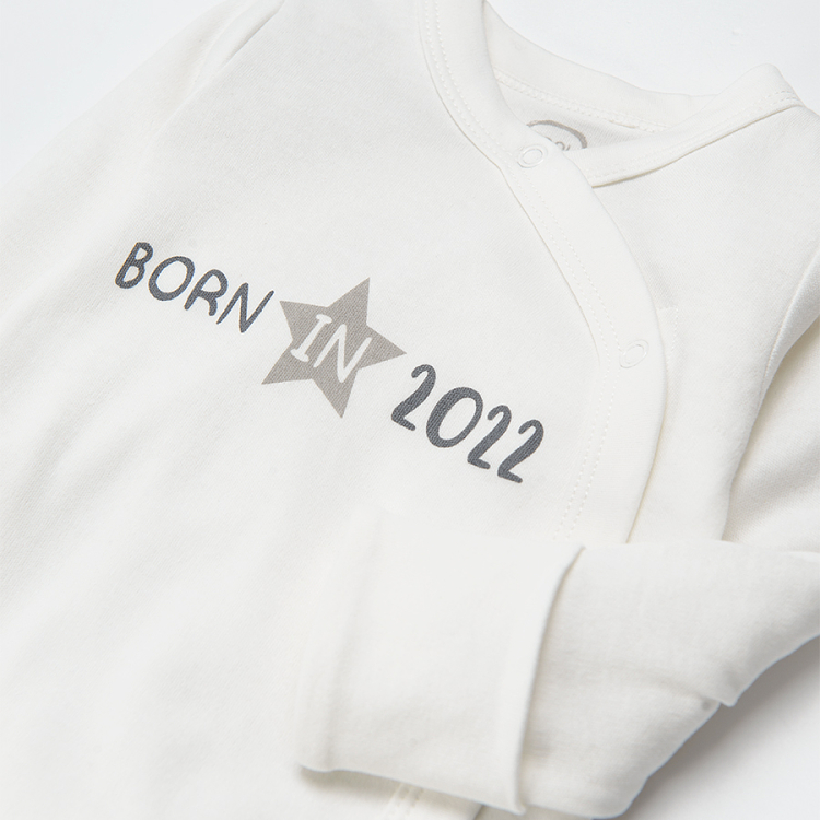 White long sleeve wrap bodysuit with born in 2022 print