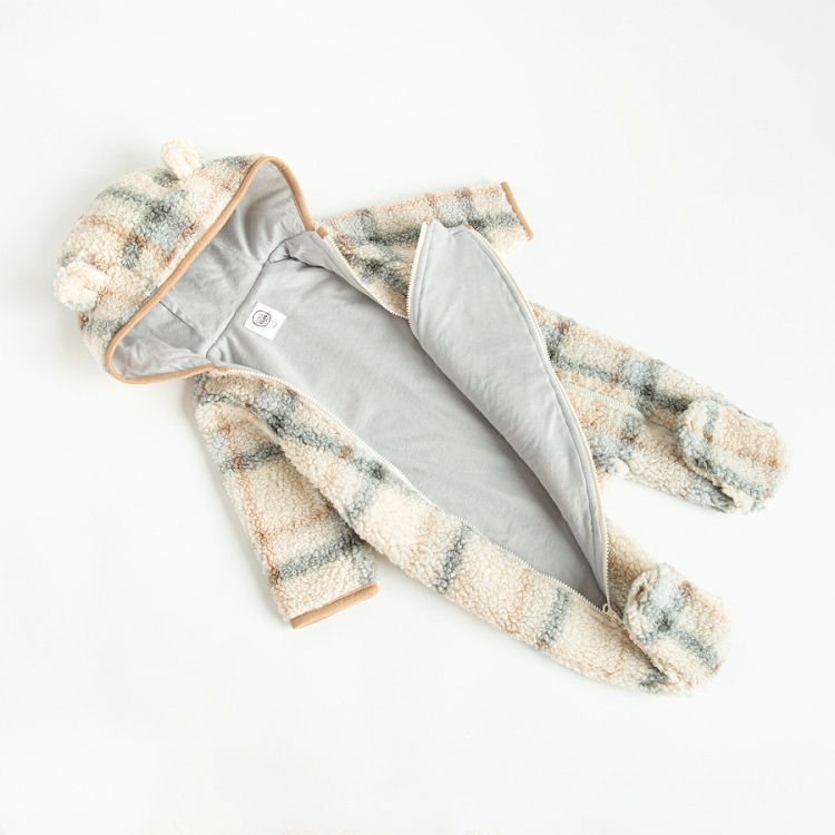 Checked hooded footed overall with two side zippers