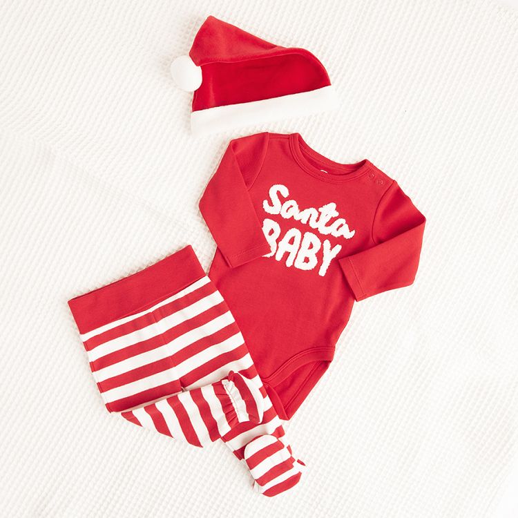 Red Santa Claus long sleeve bodysuit, red and white stripes footed leggings, Santa cap