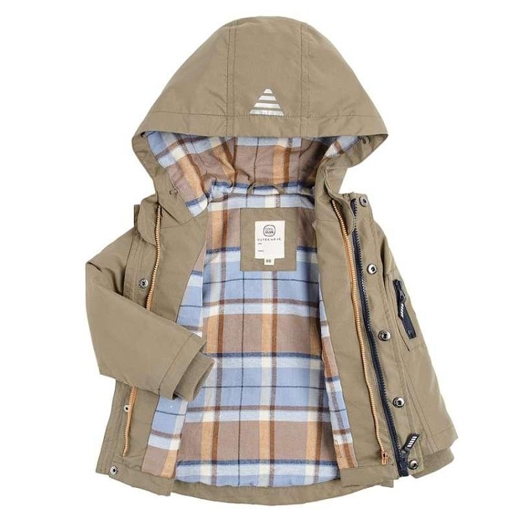 Μπουφάν σετ 2 σε 1 χακί και καφέ με κουκούλα και φερμουάρ