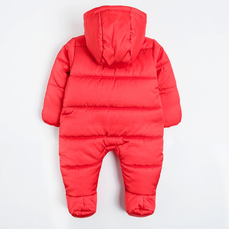 Red hooded overall snowsuit
