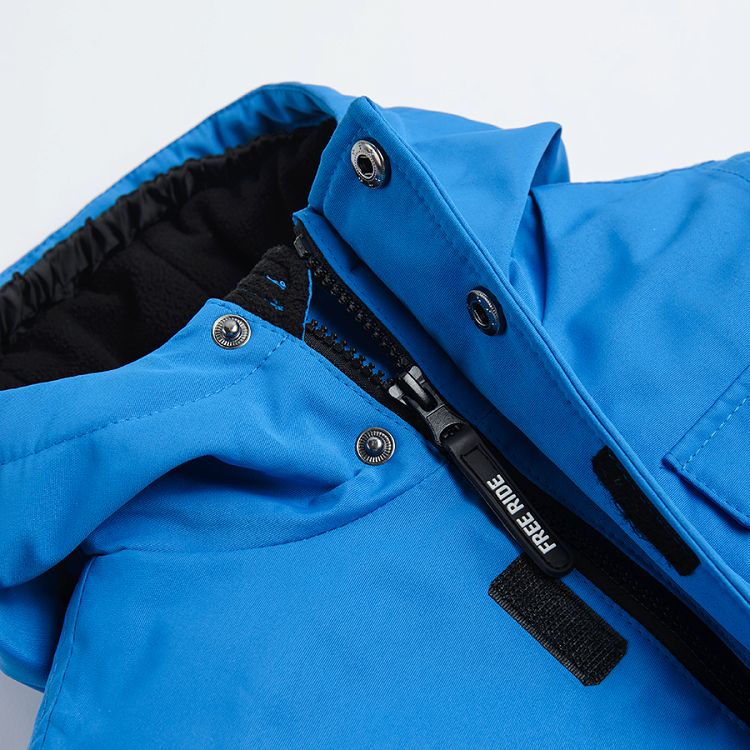 Μπουφάν για σκι μπλε με τσέπες, φερμουάρ και κουκούλα
