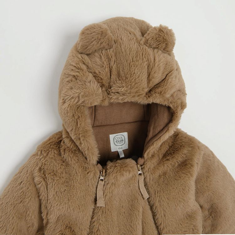 Brown pram suit with 2 side zippers and ears on the hoodie