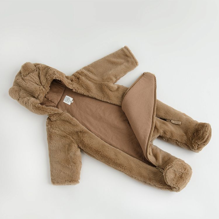 Brown pram suit with 2 side zippers and ears on the hoodie