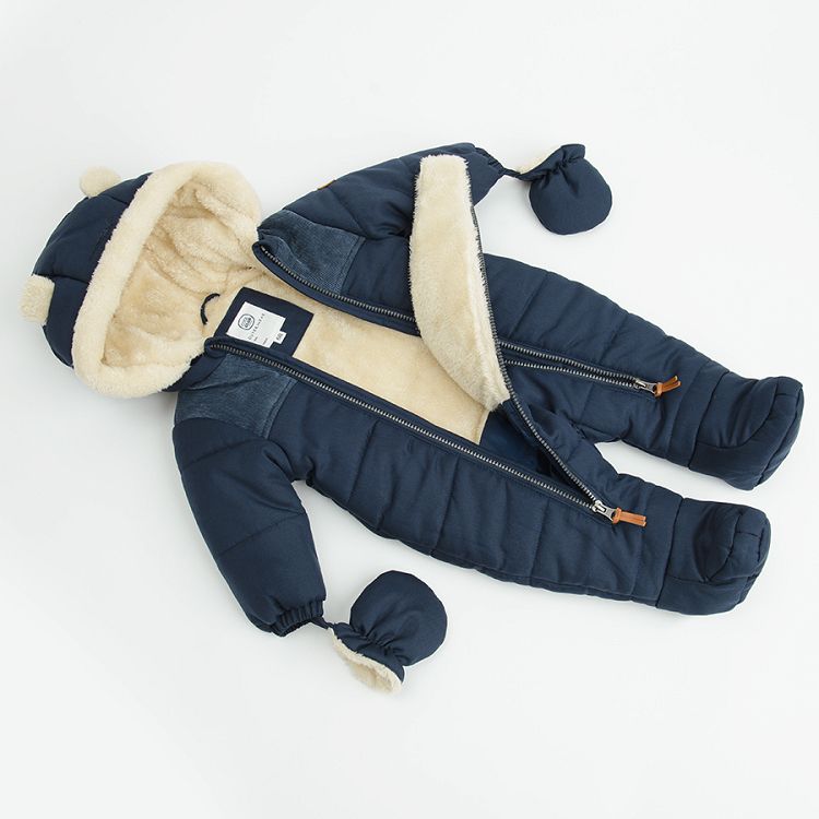 Blue hooded snowsuit with 2 zippers