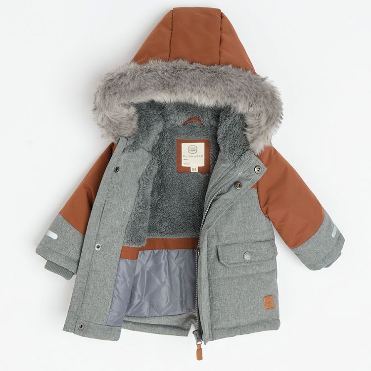 Grey and brown jacket with fur on the hood
