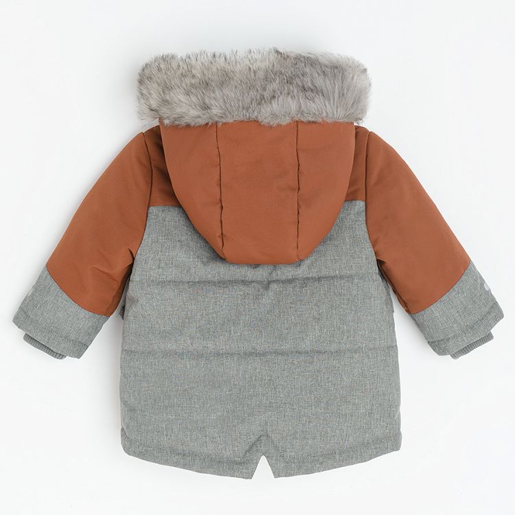 Grey and brown jacket with fur on the hood