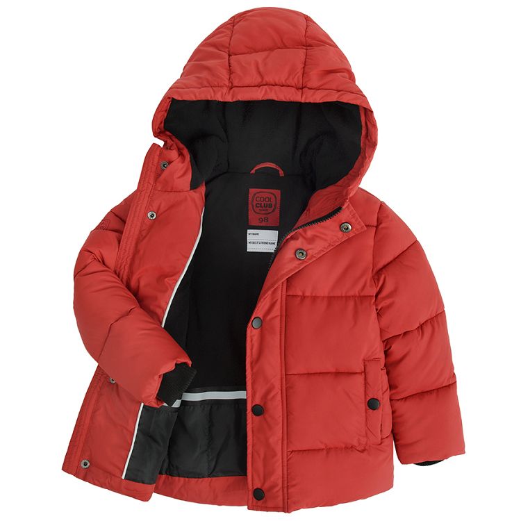 Red hooded zip through jacket