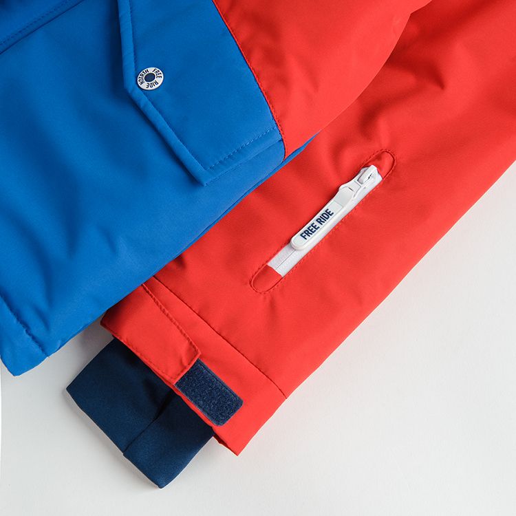 Blue and red hooded ski jacket