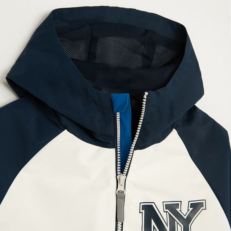 Blue, white and black hooded zip through jacket