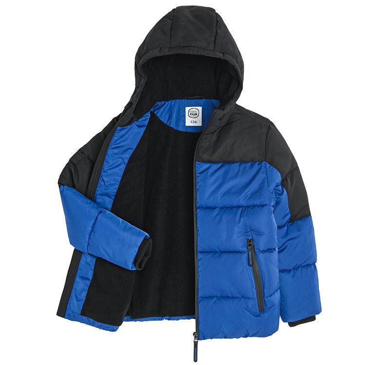 Blue and black hooded zip through jacket
