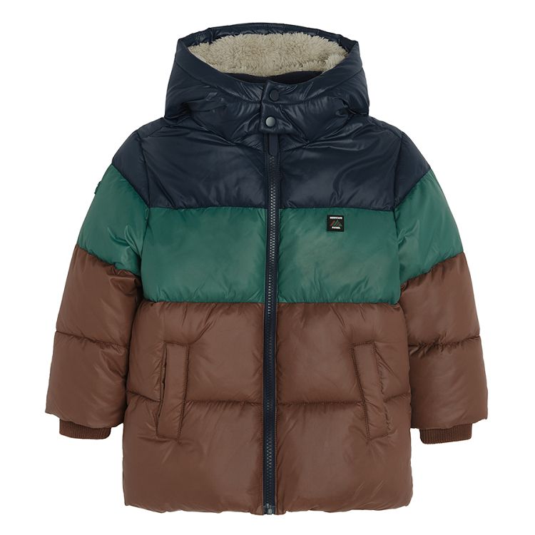 Brown, green, blue hooded jacket