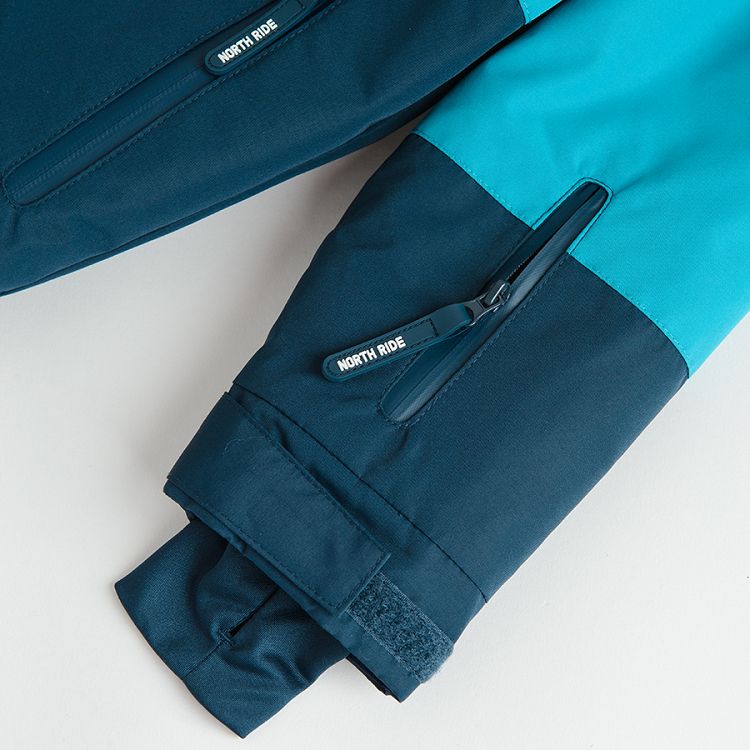 Dark blue, blue, fluo green zip through hooded ski jacket