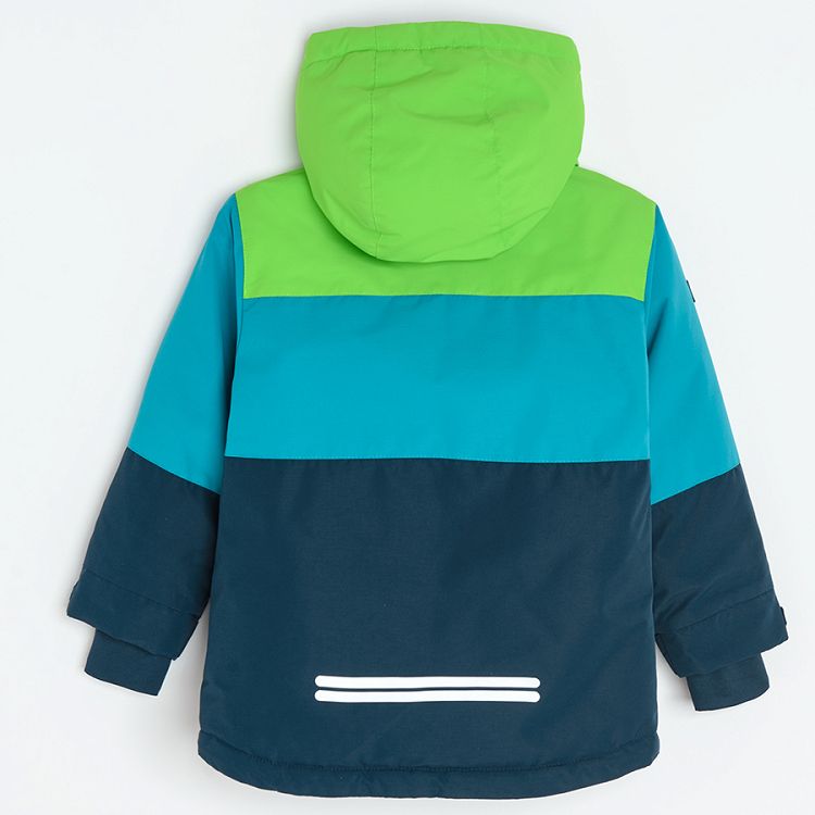 Dark blue, blue, fluo green zip through hooded ski jacket