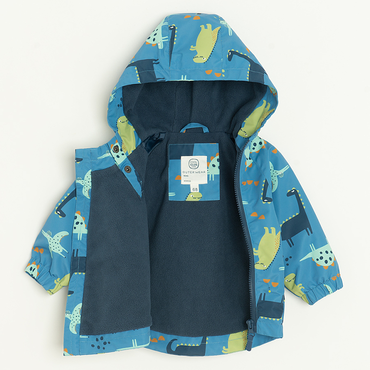 Blue zip through hooded jacket with dinosaurs print