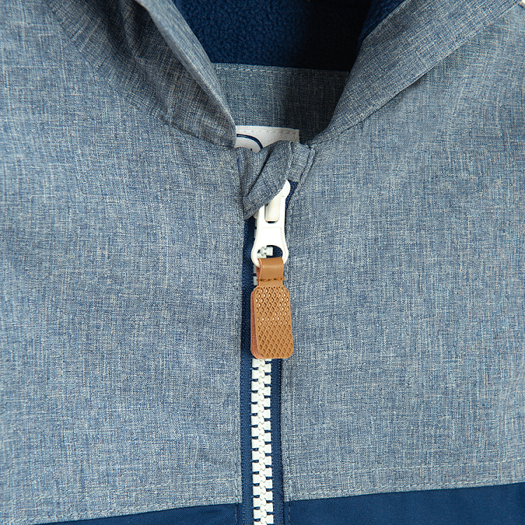 Blue melange zip through hooded jacket with airplane print
