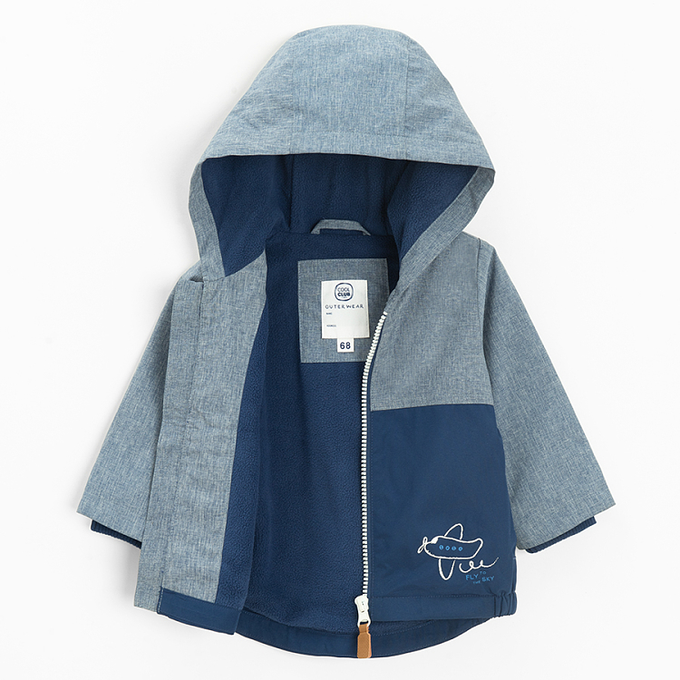 Blue melange zip through hooded jacket with airplane print