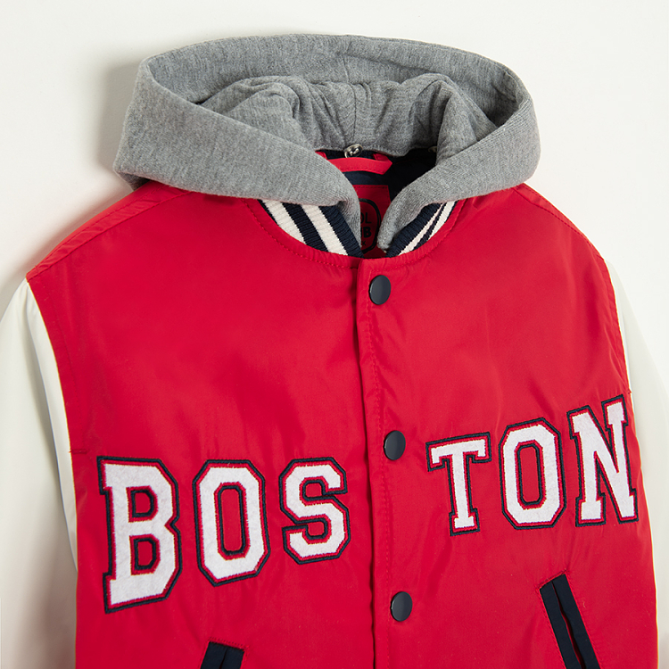 Red hooded sweatshirt with button and white sleeves BOSTON print