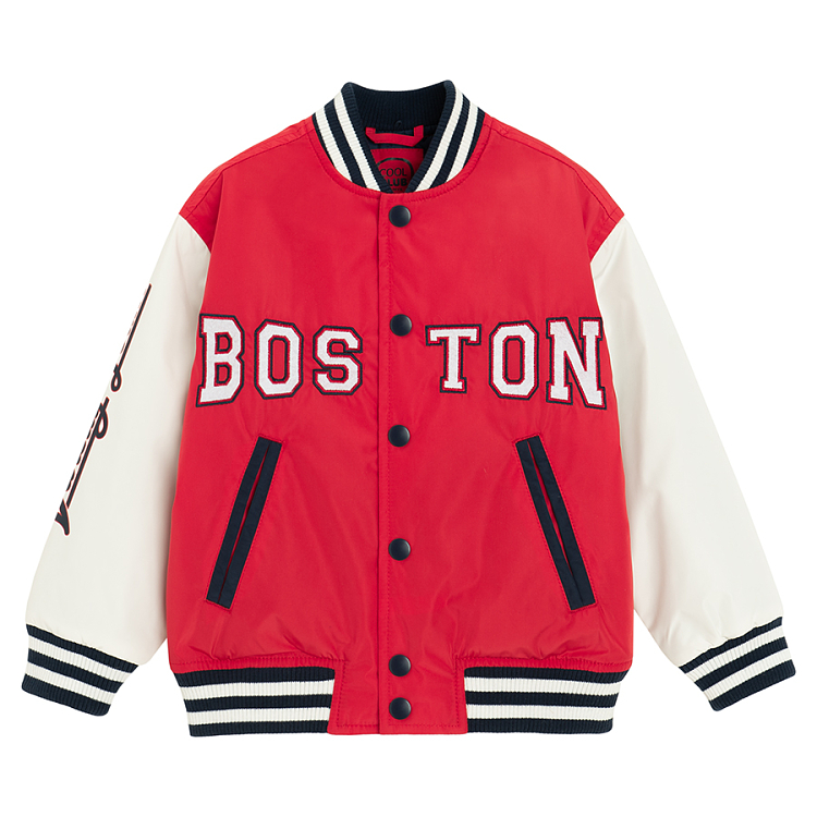 Red hooded sweatshirt with button and white sleeves BOSTON print