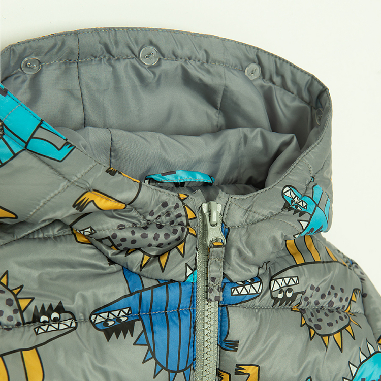 Dark yellow and grey zip through hooded jacket with dinosaurs print- 2 pieces