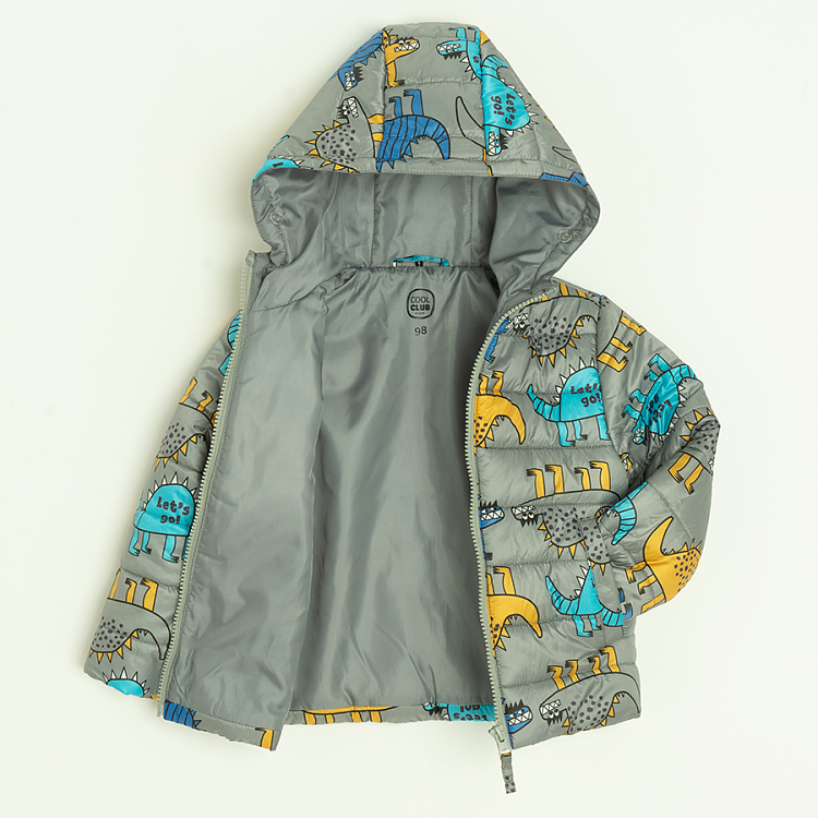 Dark yellow and grey zip through hooded jacket with dinosaurs print- 2 pieces