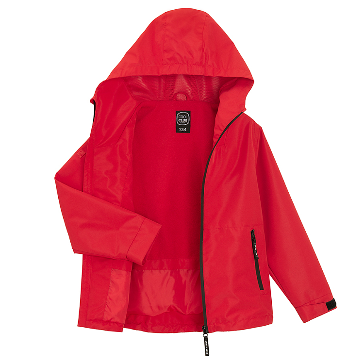 Red hooded zip through wind proof jacket