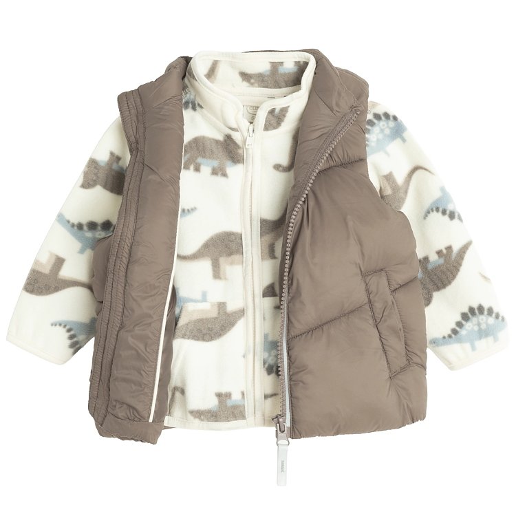 Μπουφάν 2 τμχ ζακέτα fleece λευκή με στάμπα δεινόσαυρους και αμάνικο γιλέκο μπεζ