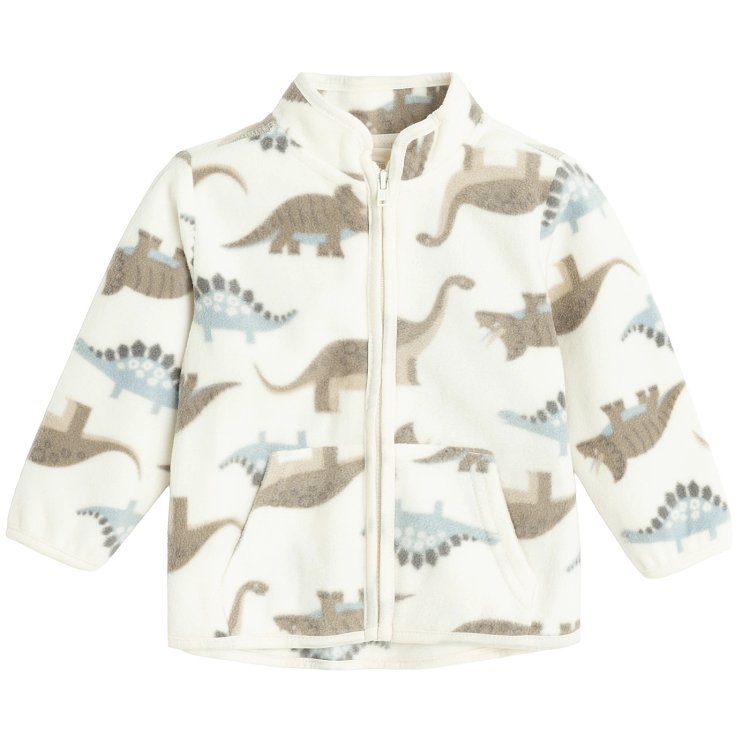 Μπουφάν 2 τμχ ζακέτα fleece λευκή με στάμπα δεινόσαυρους και αμάνικο γιλέκο μπεζ