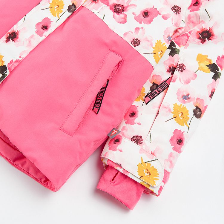 Μπουφάν για σκι ροζ φλοράλ με τσέπες φερμουάρ και φλις επένδυση στην κουκούλα