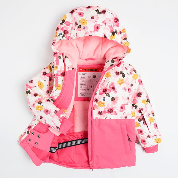 Μπουφάν για σκι ροζ φλοράλ με τσέπες φερμουάρ και φλις επένδυση στην κουκούλα
