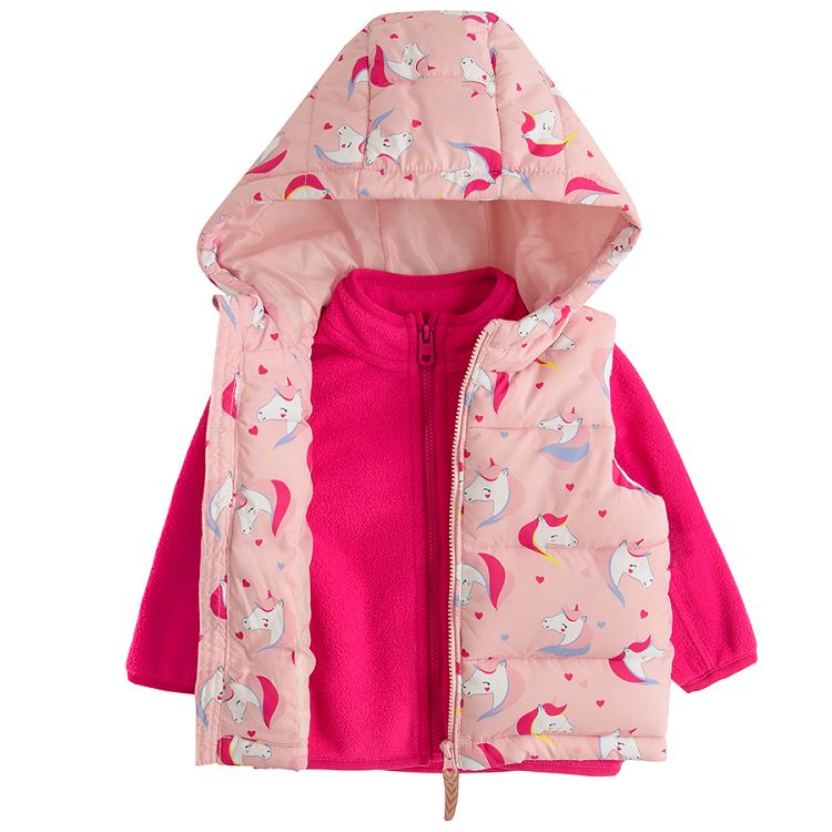 Σετ μπουφάν αμάνικο με κουκούλα ροζ με στάμπα μονόκερους και fleece ζακέτα φούξια με φερμουαρ