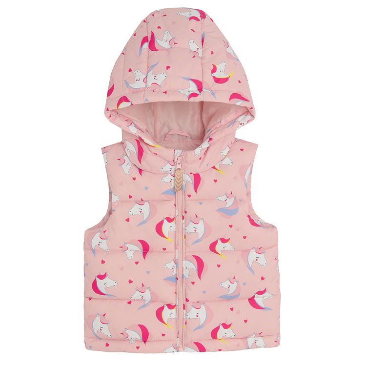 Pink hooded with unicorn print vest and pink zip through seatshirt