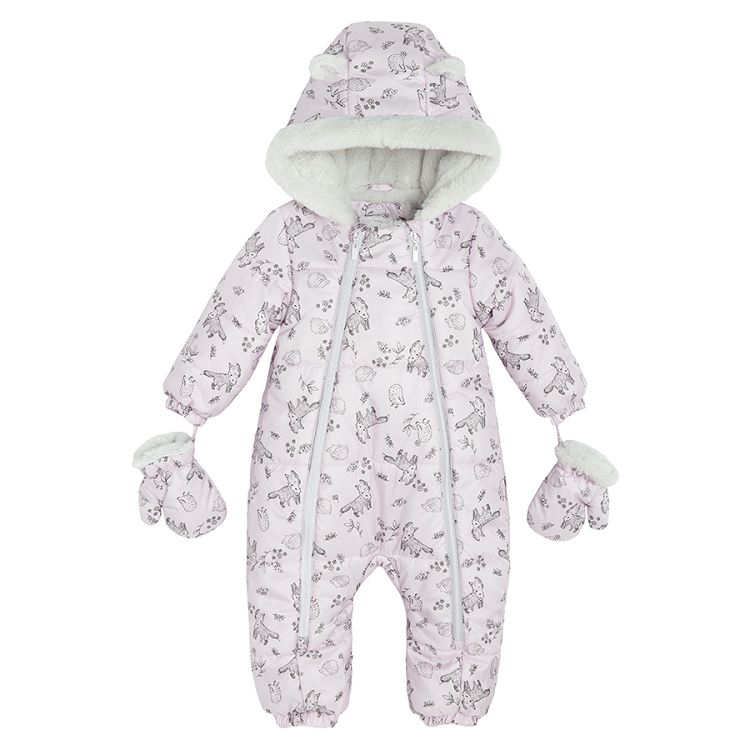 Pink hooded footed snowsuit with 2 zippers and mittens