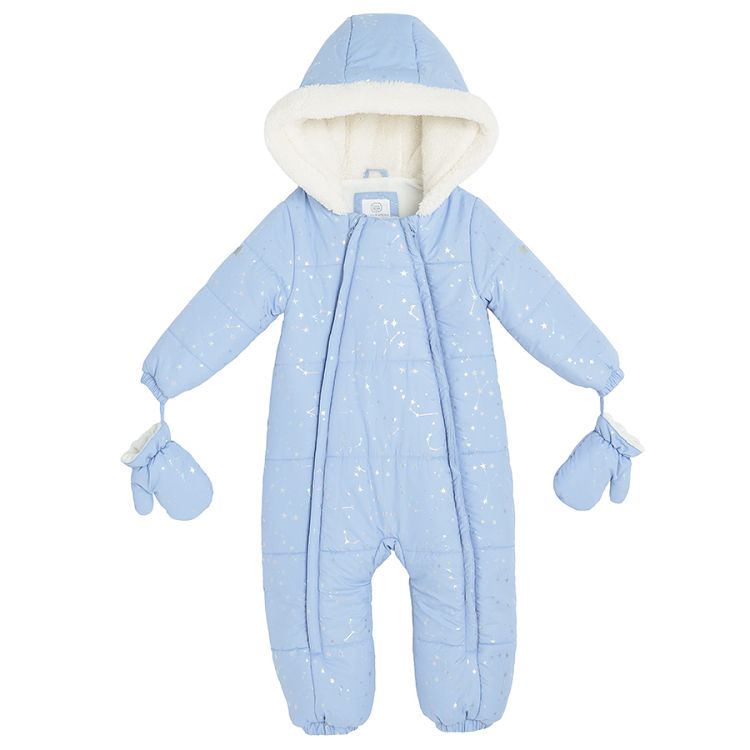 Light blue hooded snowsuit with stars print and mittens