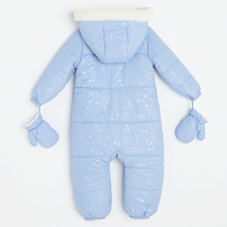 Light blue hooded snowsuit with stars print and mittens