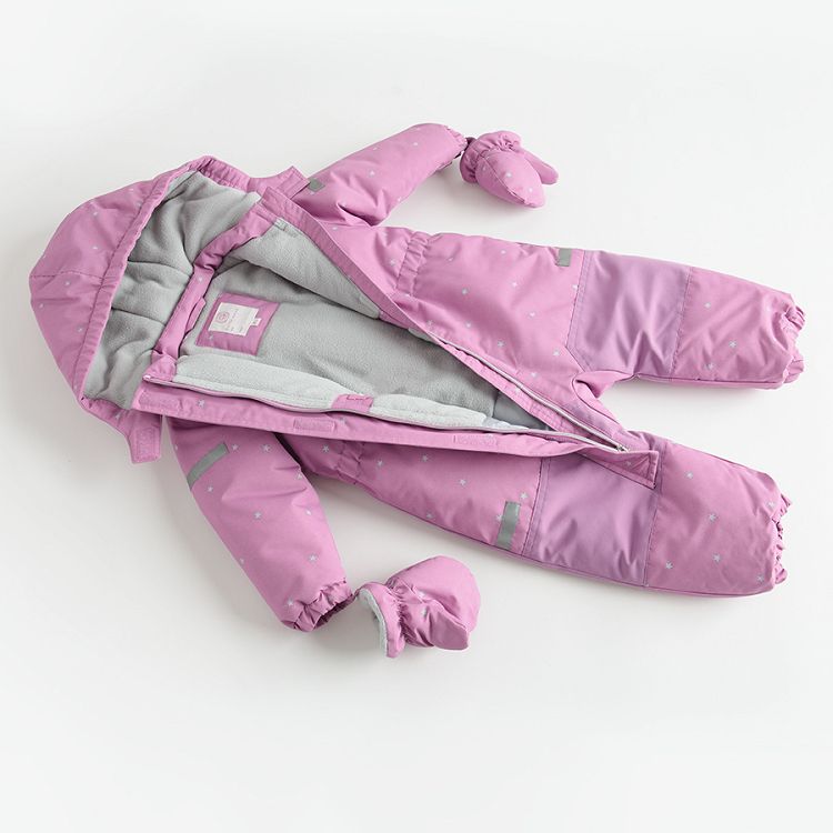 Pink hooded snowsuit with mittens