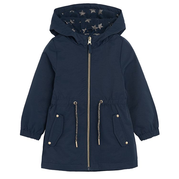Dark blue hooded zip through jacket with side pockets
