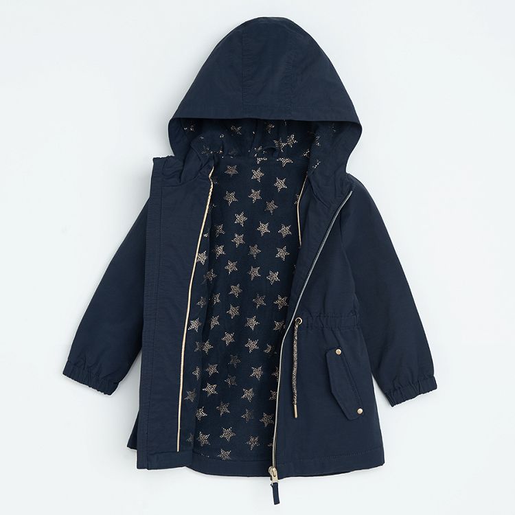 Dark blue hooded zip through jacket with side pockets