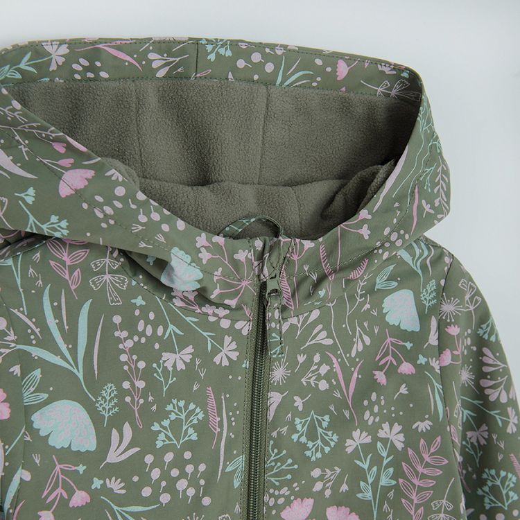 Khaki hooded xip through jacket with flower print