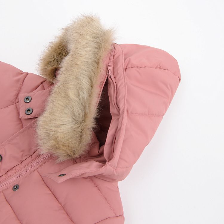 Pink jacket with fleece lining and detachable hood with fur