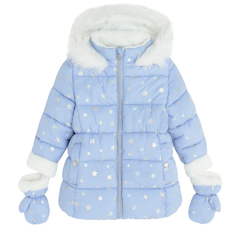 Blue zip through jacket with furlike on the hood and mittens